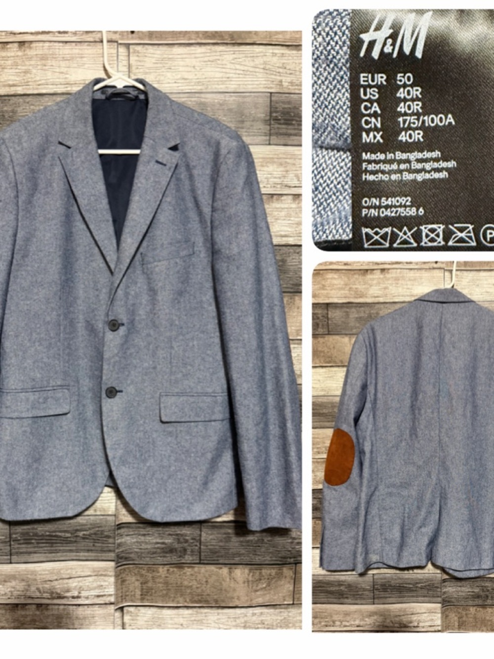 H&M Slim Fit Elbow Patch Blazer Jacket Men’s 40R Blue 2 Button